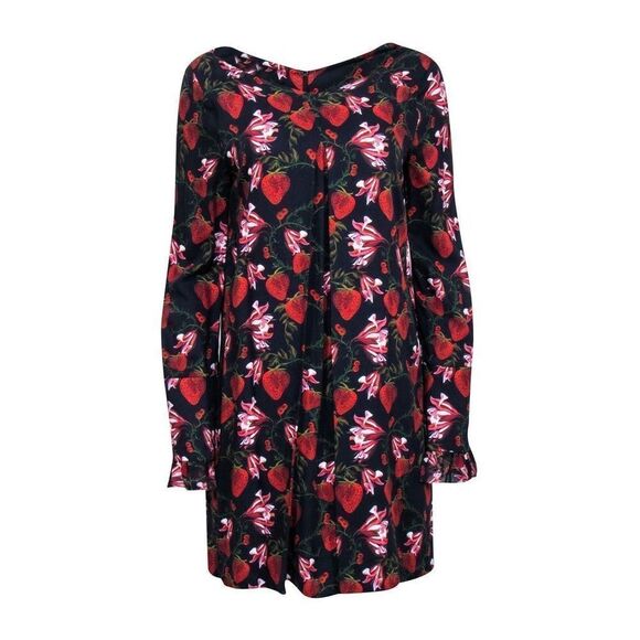 Mother Of Pearl - Navy Blue Strawberry Print Bell Sleeved MIDI Dress V-Neck Sz 6 - Picture 3 of 14